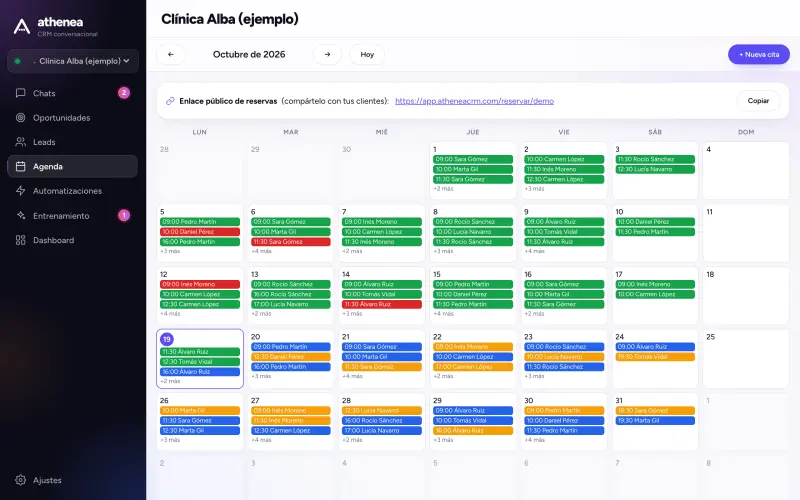 Agenda del mes con las citas de cada profesional y su estado