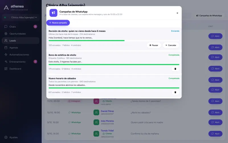Campañas de WhatsApp a pacientes con su progreso de envío