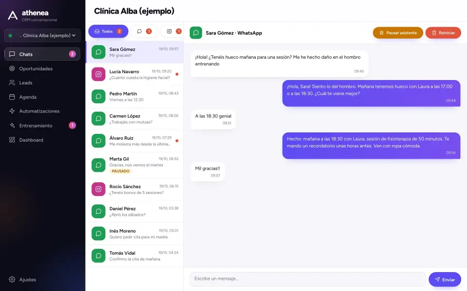 Conversación de WhatsApp en la que el asistente da cita de fisioterapia con una profesional
