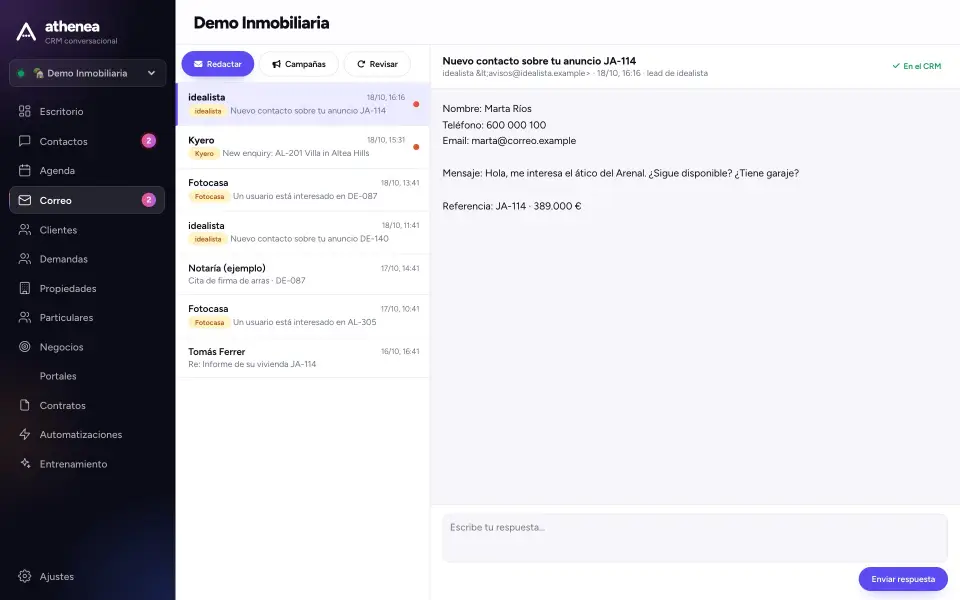 Bandeja de correo con avisos de idealista, Kyero y Fotocasa