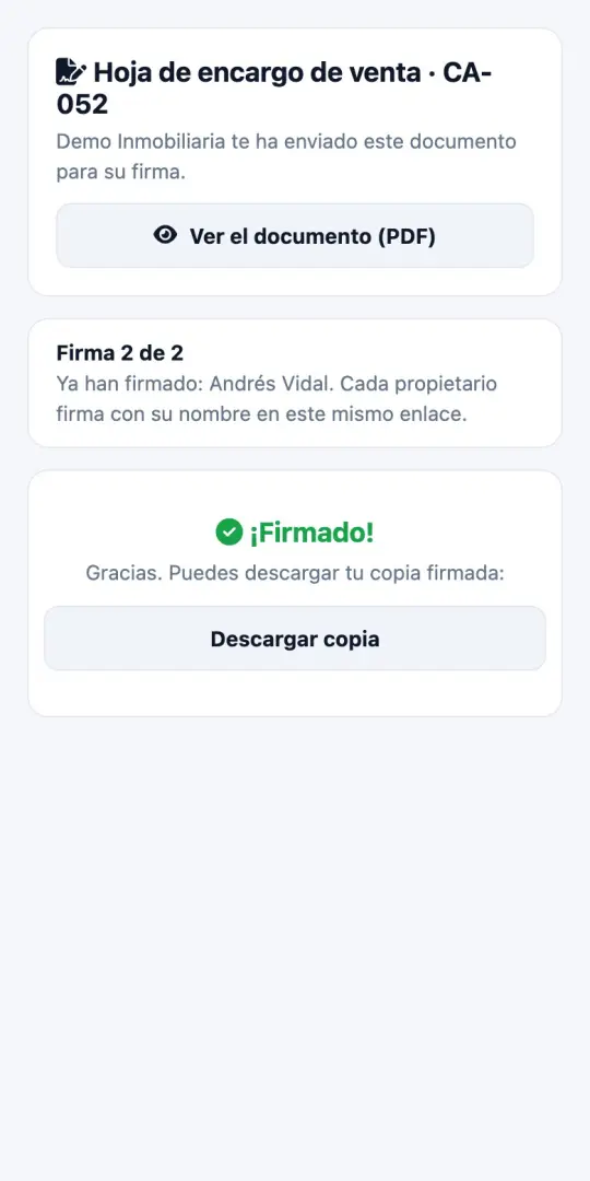 Firma de una hoja de encargo desde el móvil: nombre, correo y firma con el dedo