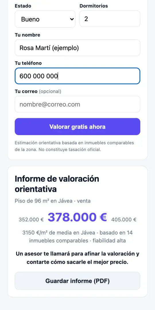 Página de valoración en el móvil calculando el precio de un piso