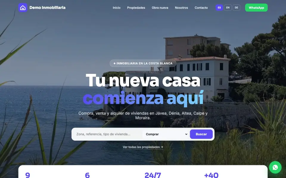 Web pública de la inmobiliaria de ejemplo cambiando de español a inglés y alemán