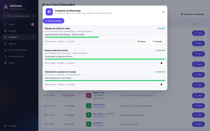 Campañas de WhatsApp con su progreso de envío