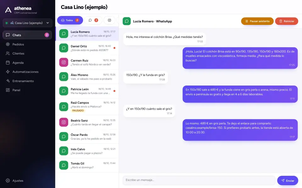 Conversación de WhatsApp en la que el asistente da el precio de un colchón en una medida y color