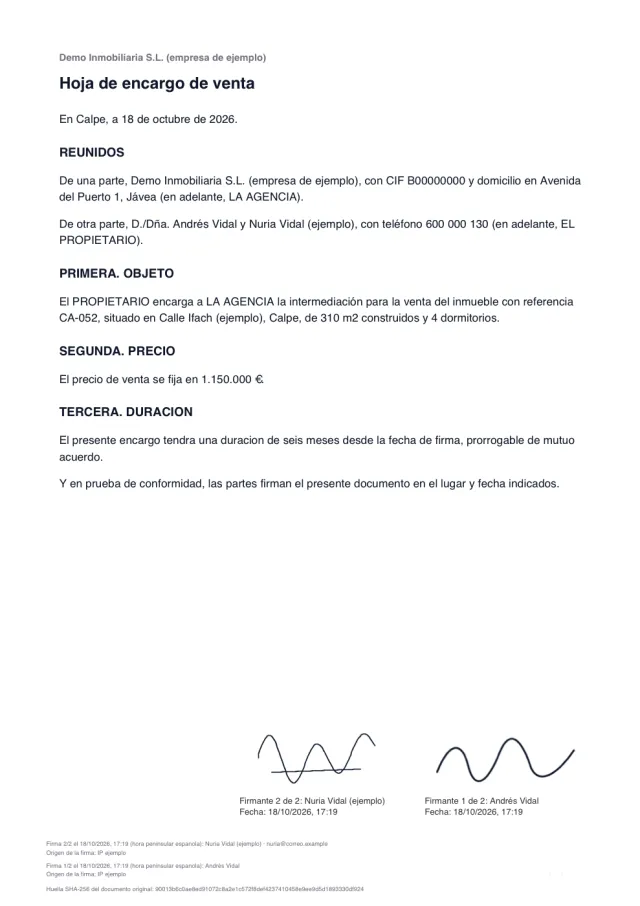 Hoja de encargo de ejemplo con las dos firmas, la fecha y la huella del documento