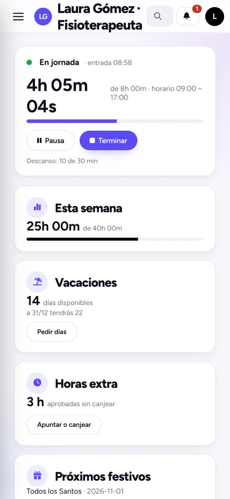 Pantalla de una fisioterapeuta en el móvil con su jornada en marcha, la semana, sus vacaciones y sus horas extra