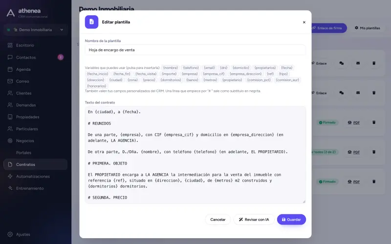 Editor de una plantilla de contrato con sus variables